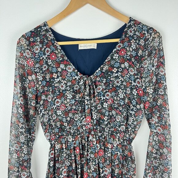 Abercrombie Fitch Mini Dress sz S Long Sleeve Dark Floral Date Night Boho V Neck - Picture 3 of 8
